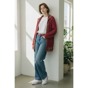 SASKIA Open Knit Cardigan Sweater Women's Small Burgundy Belted 3D Flowers Boho